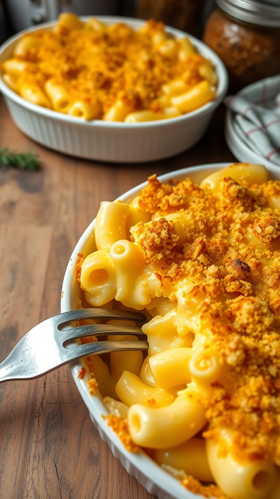 A serving of baked macaroni with a golden breadcrumb topping, melted cheese, in a rustic kitchen setting.